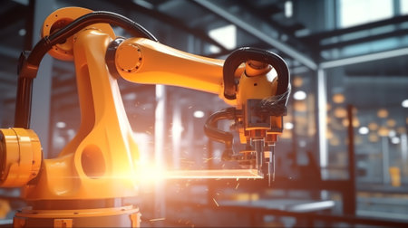 Generative AI Industrial Concept: Close-up of New Generation AI Robotic Arm Ready for Work on a Production Line. Computer Manufacturing. Dark Black Colors.の素材
