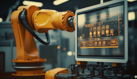 Generative AI Hand robot working on control panel in intelligent factory industrial monitoring system software. Check and control automation robot arms machine. Robotics and digital manufacturing operation systemの素材