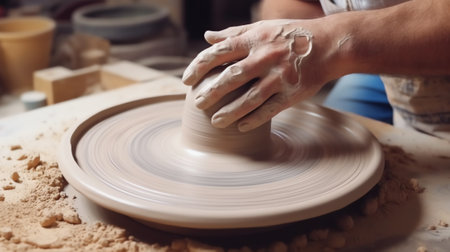 Generative AI Male potter in muddy apron shaping clay vase on potter's wheel. Traditional eco friendly ceramic art.の素材