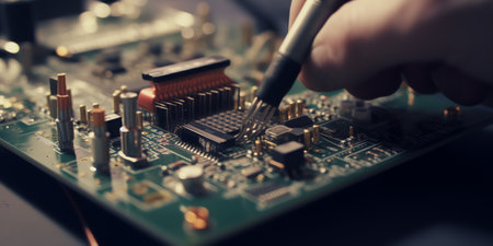 Generative AI Soldering transistor microcircuit. Creation microprocessor. Microprocessor soldering machine. Microcircuit inside some equipment. Chip cooling system. Concept production of microcircuits for carsの素材