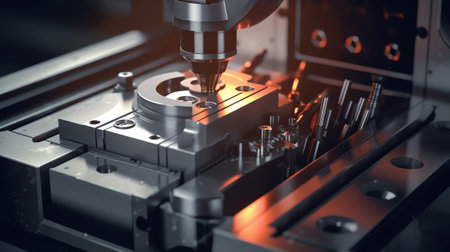 Generative AI The 4-axis machining center tapping the aluminum gear housing parts. The hi-precision automotive parts manufacturing process by multi-axis CNC milling machine.の素材