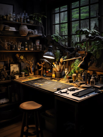 Generative AI Workshop with various instruments and tools in dark atelierの素材
