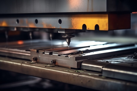 Generative AI Worker operating metal press stamping machine, close up.の素材