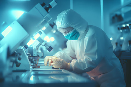 Generative AI A scientist in sterile coverall gown using Cleaning tool for cleaning laboratory. Cleanroom facility.の素材