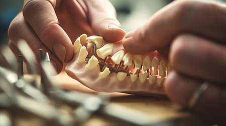 Generative AI dentist holds ceramic dental crowns in his hands, zirconium bridge, close-upの素材