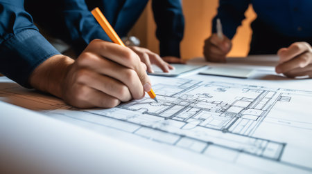 Generative AI Architect or interior designer planning new blueprint,planning discussing together creative occupation,Good workmanship is planned professionally.の素材