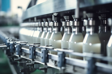 Generative AI Dairy factory, plastic bags of packaged milk in automatic filling conveyor.の素材