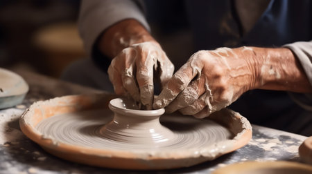 Generative AI Wet hands of male artist shaping clay pot on potter's wheel. Traditional ceramics art.の素材