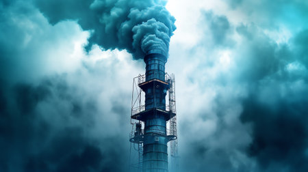 Generative AI Powerful industrial factory chimney is smoking and emitting carbon dioxide into the environment. Concept of air pollution and the problem of global warmingの素材