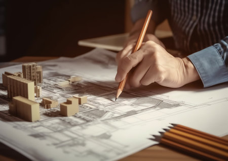 Generative AI Concept architects, engineer holding pen pointing equipment architects On the desk with a blueprint in the office,Engineers and architects brainstorm work on blueprints.の素材