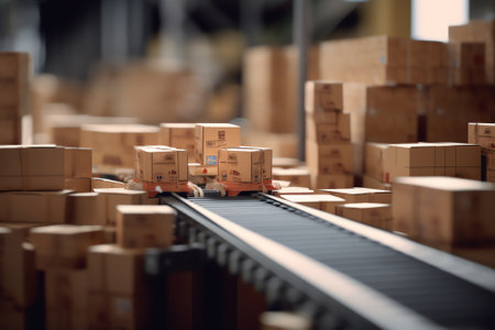Generative AI Canned food products on conveyor belt in distribution warehouse. parcels transportation system conceptの素材