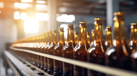 Generative AI Empty glass bottles on the conveyor. Factory for bottling alcoholic beverages. Production and bottling of alcoholic beverages concepy.の素材