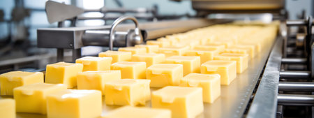 Generative AI Food factory, industrial conveyor belt or line with process of preparation of sweet cookies, bakery and food production concept, tonedの素材