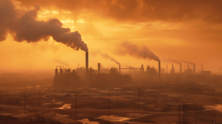 Generative AI Sunset over the industrial city.Factory chimneys smoke.Environmental problem of environmental and atmospheric pollution.Climate change,environmental disaster.The sky is smoky with toxic substancesの素材