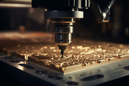 Generative AI A drilling machine makes a hole in a wooden slab. Proccess of production and manufacture of wooden furniture in furniture factory.の素材