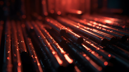 Generative AI Red hot steel metal wire rods or coils after molten steel casting. Continuous casting machine. Background of the blacksmith and metallurgical industry.の素材