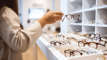Generative AI One clear lens, hand holds an eyewear round lens for quality control.の素材