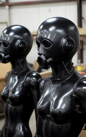 Generative AI The motorcycle mask painting process by robotic system. The hi-technology automotive parts manufacturing process by automatic robotic system.の素材