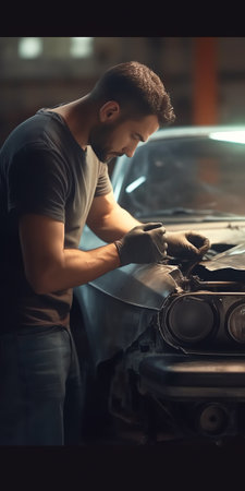 Generative AI banner of automobile mechanic man and team checking car damage broken part condition, diagnostic and repairing vehicle at garage automotive, motor technician maintenance after service conceptの素材