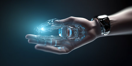 Generative AI A design or maintenance engineer holds a robotic arm in his hand after a successful design. The manufacturing technology of the future, artificial intelligence or AI in the modern industrial sector.の素材