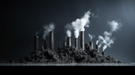 Generative AI Powerful industrial factory chimney is smoking and emitting carbon dioxide into the environment. Concept of air pollution and the problem of global warmingの素材