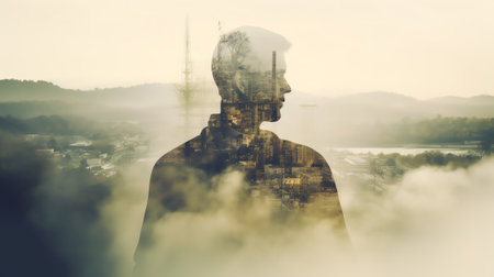 Generative AI Greenhouse gas emissions. Pollution of factories. Dirty air over the city. Negative impact on human healthの素材