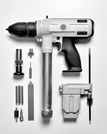 Generative AI Print a photo on canvas. Canvas stretching equipment. A roll of canvas, tongs, wooden stretchers and a stapler pistol on a white backgroundの素材