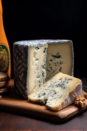 Generative AI Various kind of cheese. head of handcrafted hard cheese on a dark background. banner, menu, recipe place for text,.の素材
