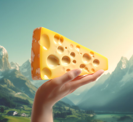 Generative AI cheesemaker hold big slice of cheese maasdam in hand. Cheese with big holes. head of handcrafted hard cheese. Long banner format. top view.の素材
