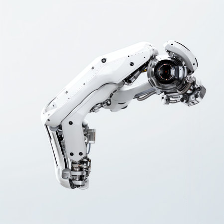 Generative AI industrial robotic arm manipulator, Manufacturing isolated on white, engineering, futuristic, ai, technology conceptの素材