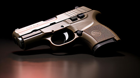 Generative AI A modern pistol with a beige grip on a work table in a workshop. Service maintenance of weapons. Pistol repair.の素材