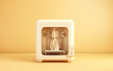 Generative AI FDM-3D-printer with blue print platform manufactures white helical gears from plastic filament in bright sunny light. minimalistic dark surrounding. selective focus. light leakの素材