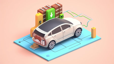 Generative AI Electric car lithium battery pack and power connections on EV car background.の素材