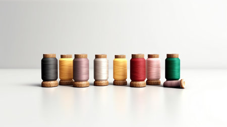 Generative AI Cones of colored cotton, woolen or synthetic threads. Bobbins of yarn using in textile manufacturing and for handmade products, copy spaceの素材