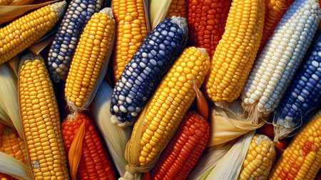 Mix of peruvian native variety of heirloom corns from local market in Cusco, Peru that show the biodの素材