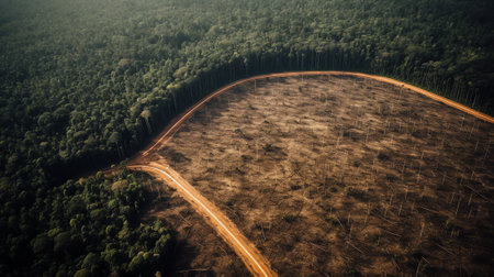 View to the deep water filled tracks in the edge of the huge and unsustainable forest clear-cut areaの素材