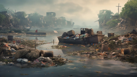 The embankment of pebbles and steel mesh is heavily polluted with heaps of garbage thrown into the wの素材