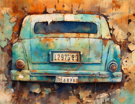 Brand word on vintage broken car license plates, concept signの素材