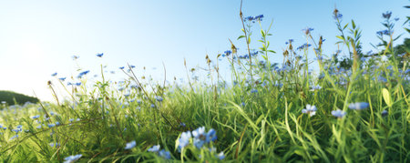 Ecologic field edge in the Netherlands from close with wild plants and flowers such as cornflowers,の素材