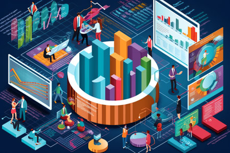 Isometric Business data analytics process management or intelligence dashboard on virtual screen shoの素材