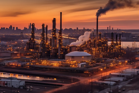 Color photograph of industrial buildings at sunsetの素材