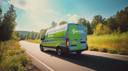 Van mockup and wrap decal for company branding design and corporate identity. Abstract graphics of gの素材