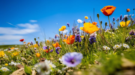 Colourful wild flowers in the grass (with copy space) blooming outside Savill Garden, Egham, Surrey,の素材