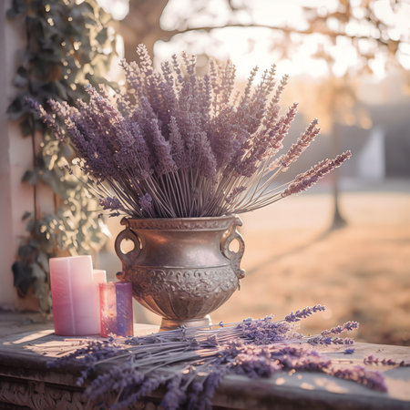 Front view of lilac flowers bouquet in ceramic vase on wooden garden table against blurred outdoor tの素材