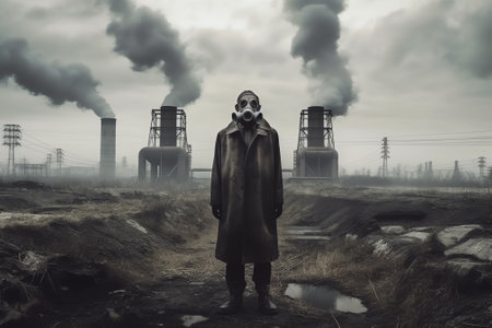 Surreal confident woman with crossed hands and factory instead of head. Nuclear plants, toxic smokeの素材