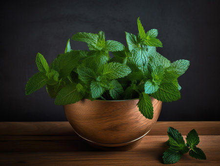 Fresh organic mint leaves ready for cooking on the kitchen tableの素材