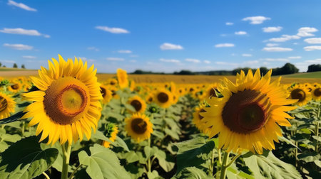 Sunflowers growing next to a farming field in Sweden, good for biodiversity.の素材