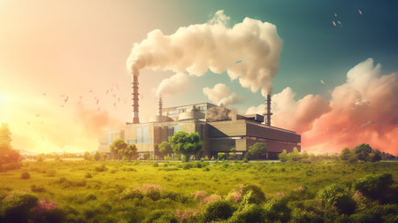 Factory exhausting co2 emissions into the air with a green field in the foreground in Brussels, Belgの素材