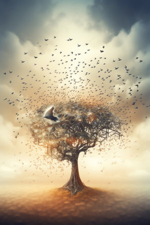 Concept of communication and communicating a message as two head shaped trees with birds flying as aの素材