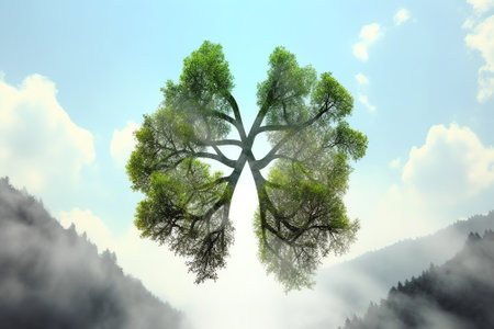 The silhouette of the lungs against the background of a mountain landscape. Trees are the lungs of tの素材